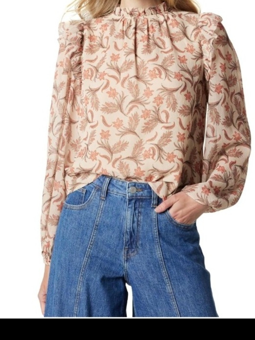 Women's Floral Print Long Sleeve Mock Neck Blouse cottagecore med